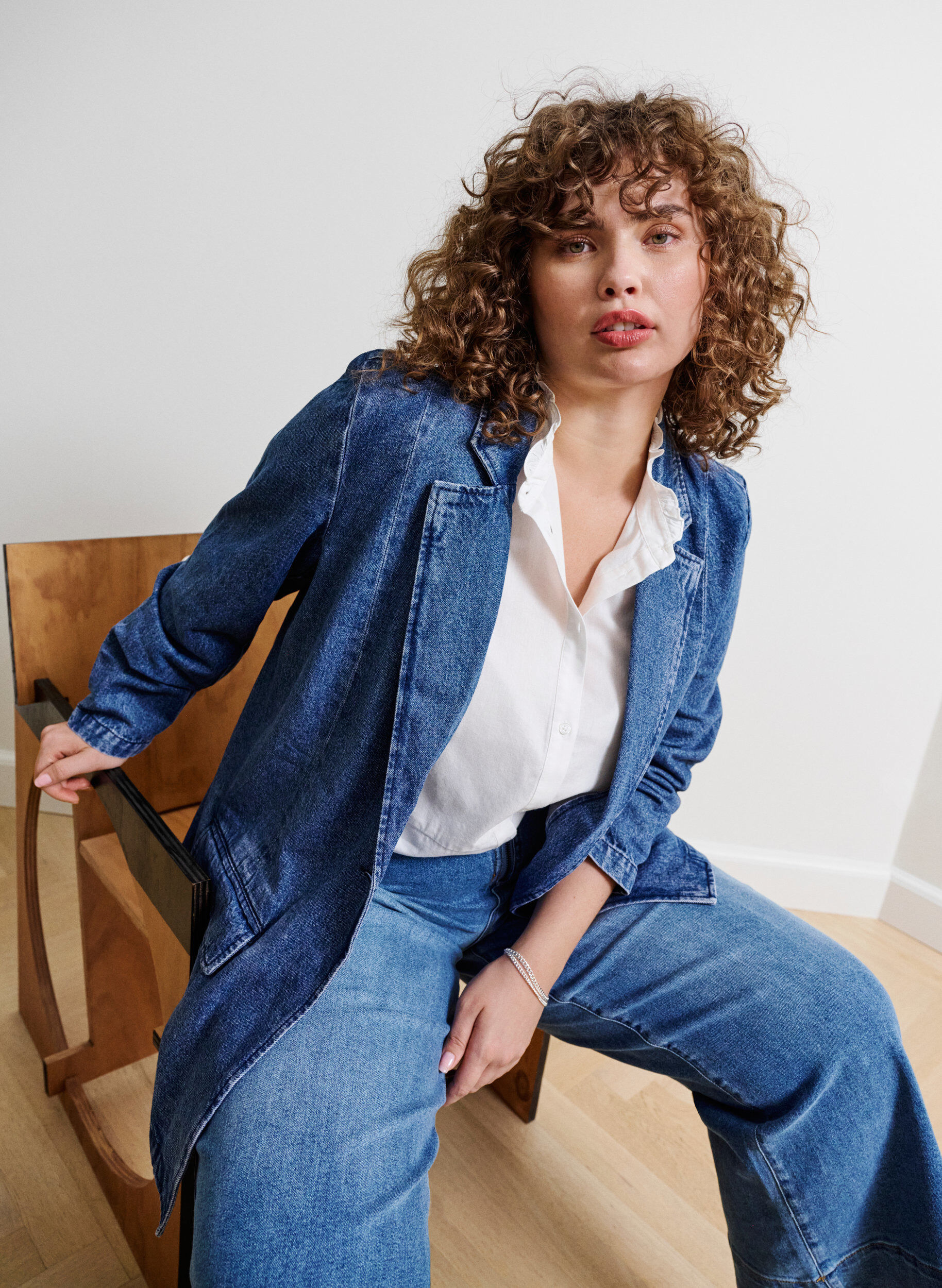Zizzi Denimblazer med lommer, Blue Denim, Image image number 0