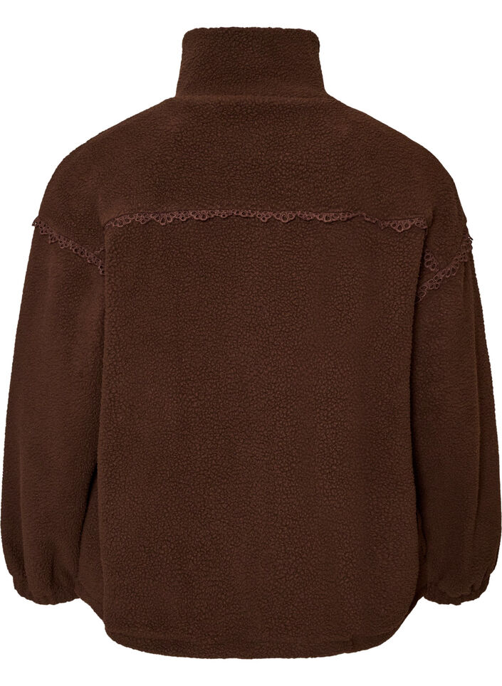 Teddyjakke med brodert kant i hullm&oslash;nster og h&oslash;y hals, Brun, Packshot image number 1