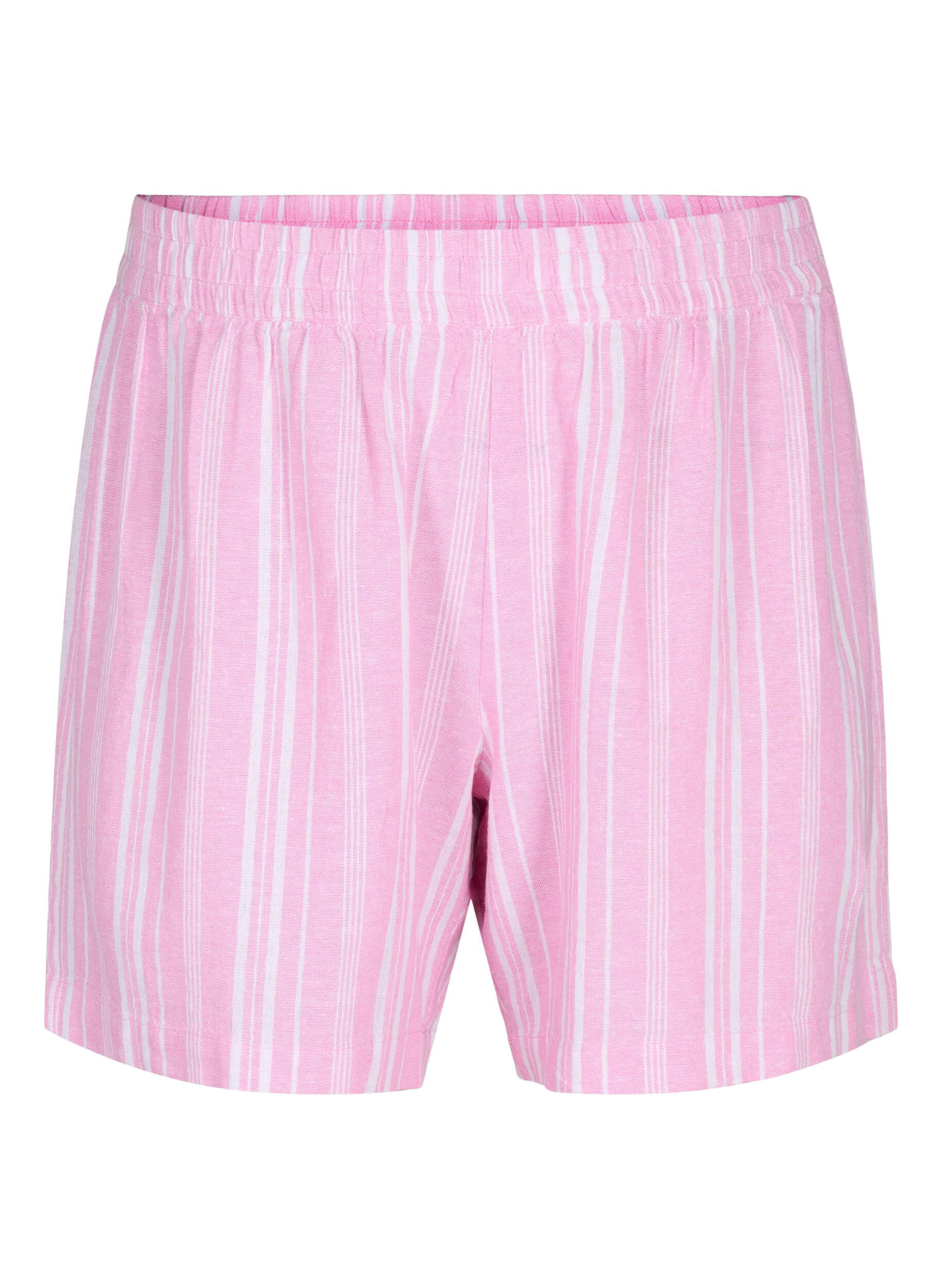 Zizzi Stripete shorts i en blanding av lin og viskose, Rosa, Packshot image number 0