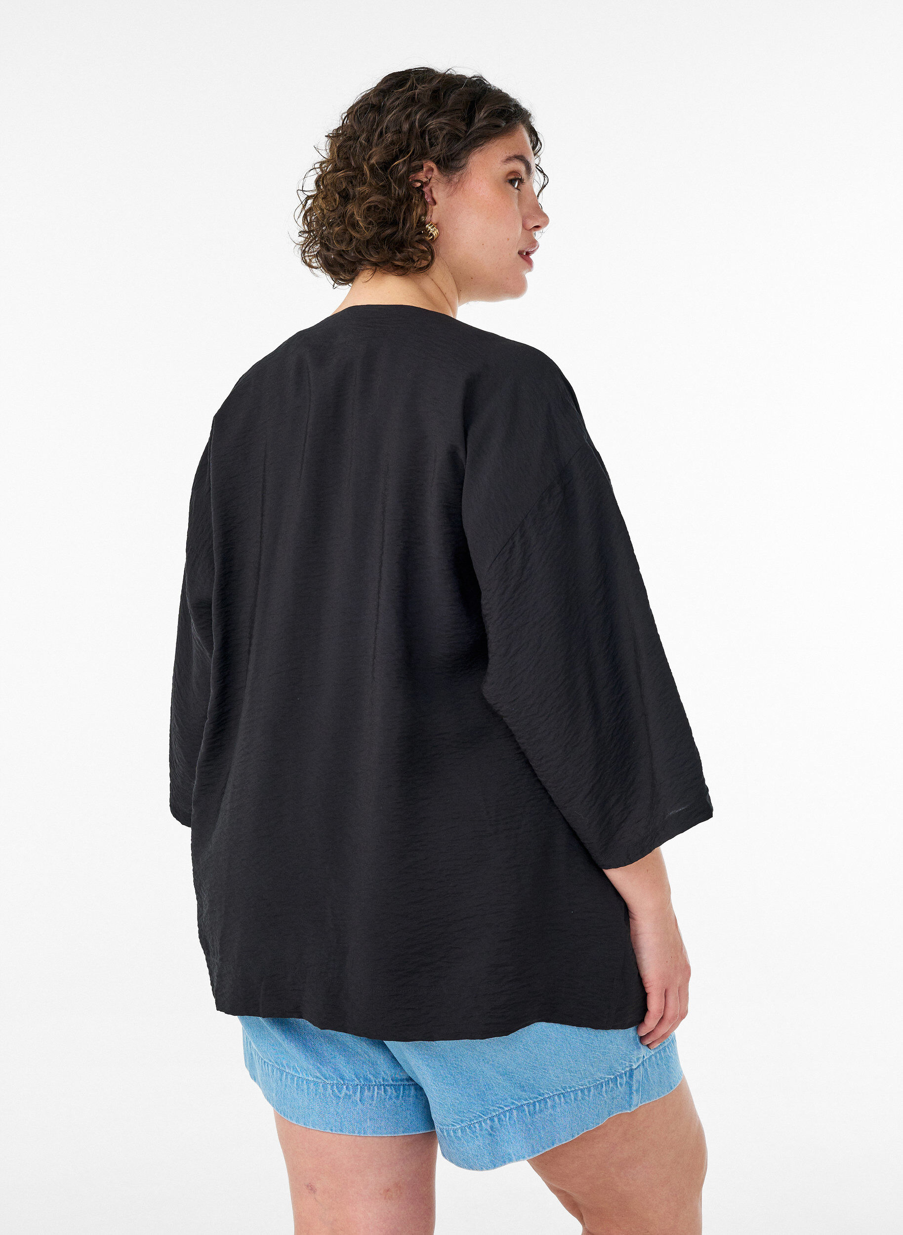 ZizziKort viskose kimono med 3/4 ermer, Svart, Model image number 2
