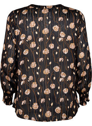 Mønstrete bluse med smock og V-hals, Black Flower, Packshot image number 1