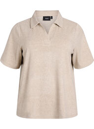 Jerseybluse med krage og korte ermer, Brown Mélange