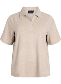 Jerseybluse med krage og korte ermer, Brun Jerseybluse med krage og korte ermer