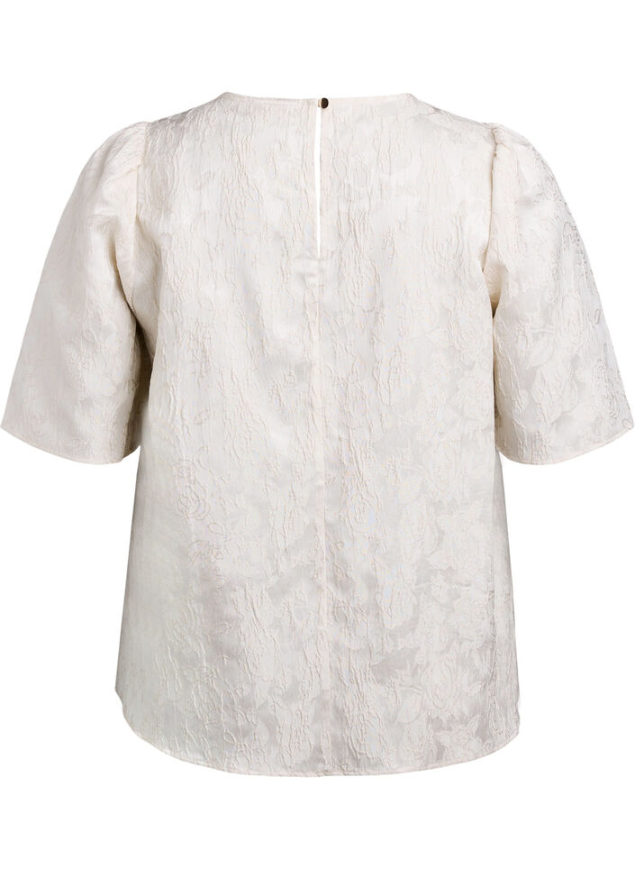 Bluse med jacquard mønster og puffede ermer, Vanilje, Packshot image number 1