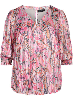 Mønstrete bluse med V-hals og 3/4-ermer, Pink Feather, Packshot image number 0