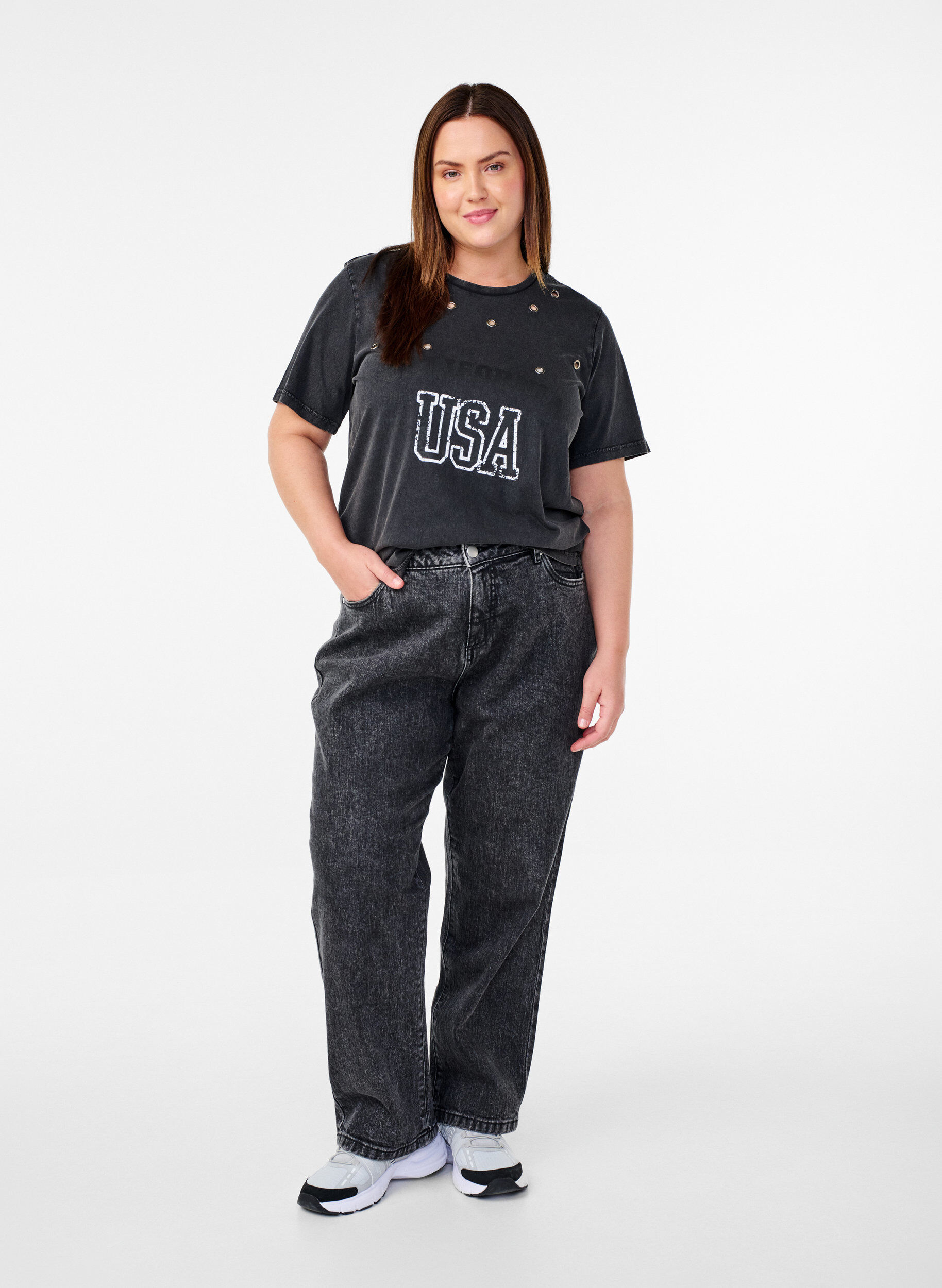 Zizzi T-skjorte med maljer og trykk, Grey Washed , Model image number 2