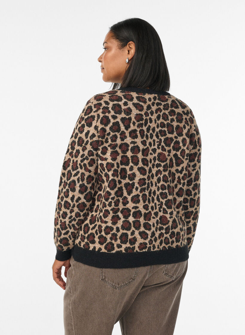 Cardigan med leopardmønster og kontrastkant, Svart, Model image number 2