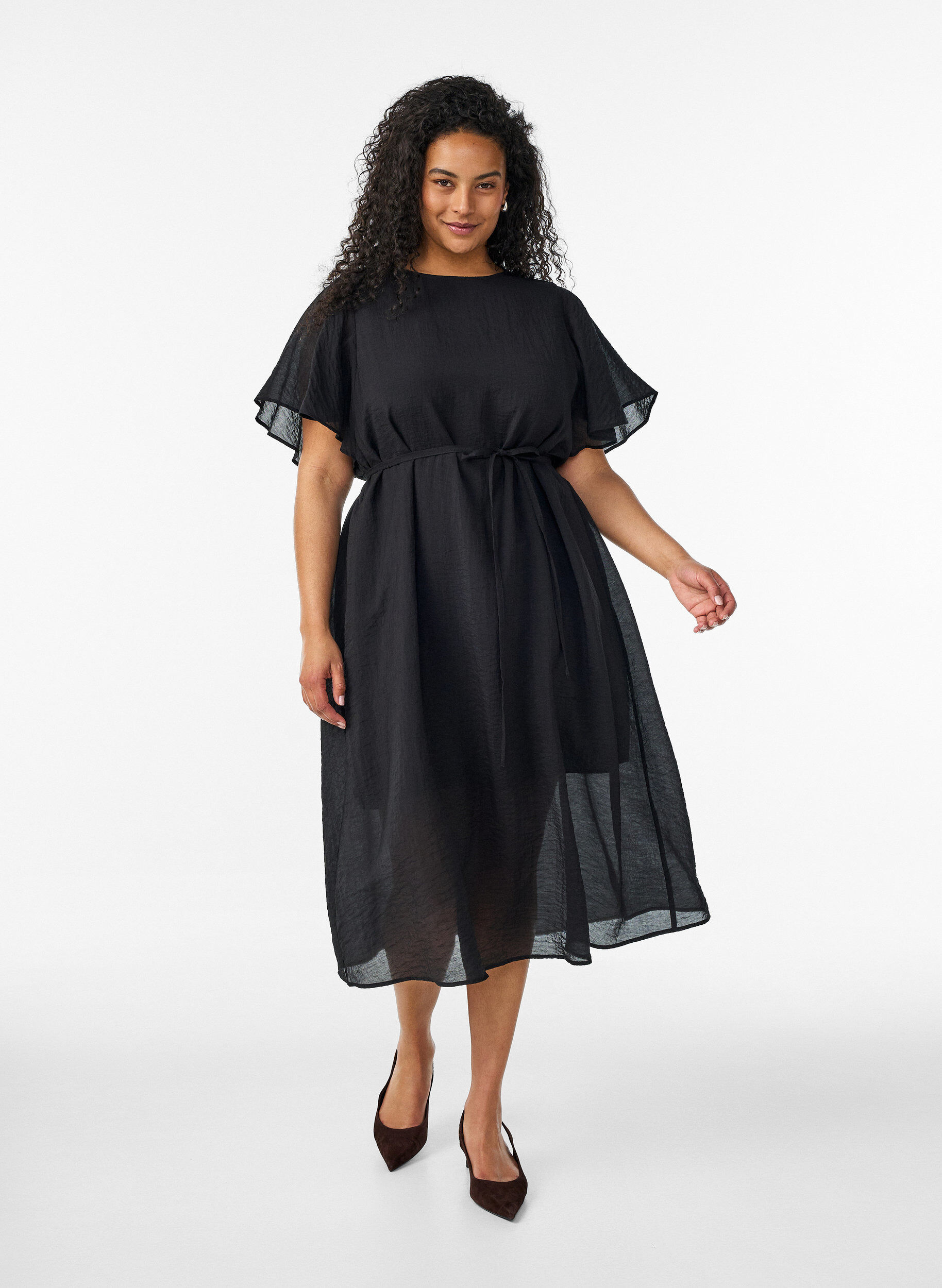 Ankellang kjole med flagrende ermer og knytebelte, Svart, Model
