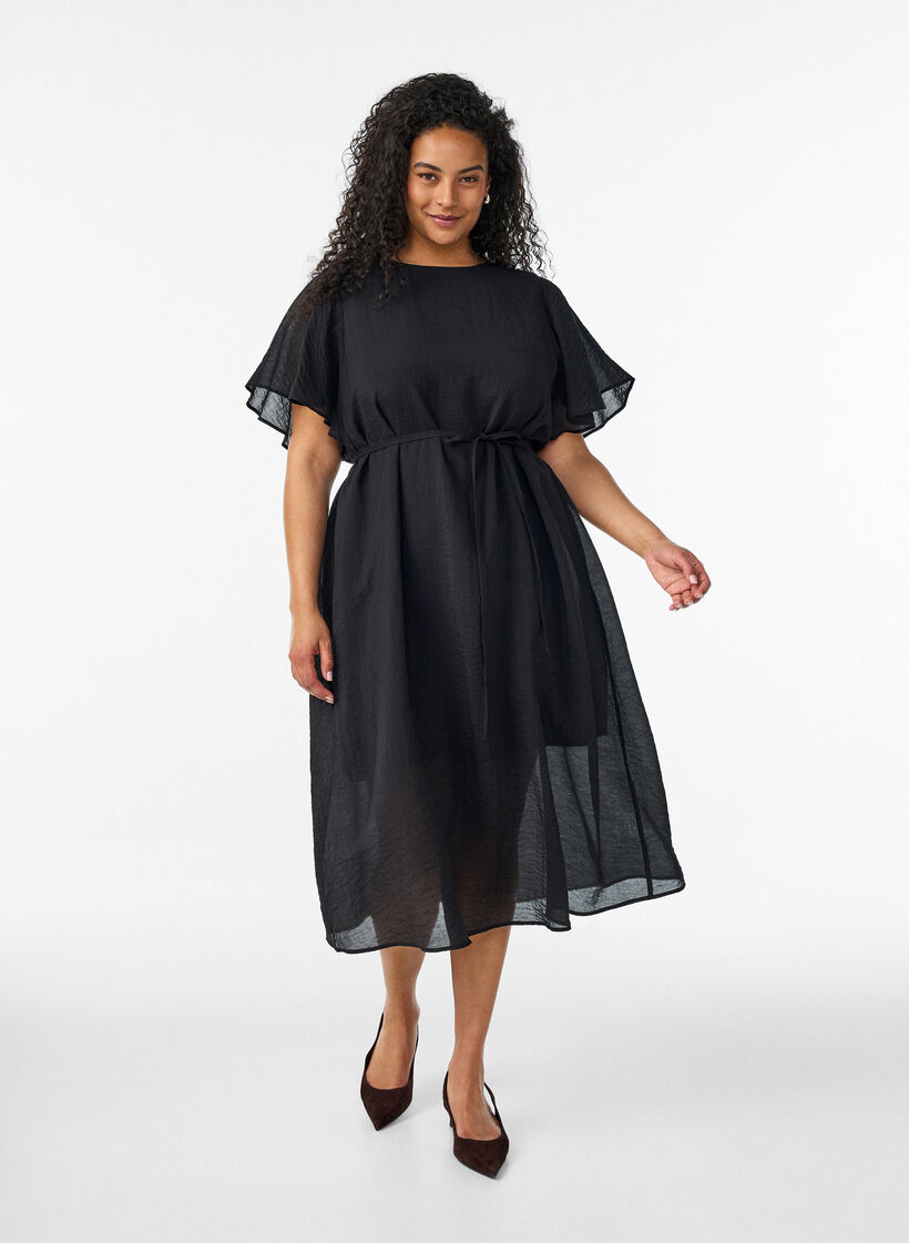 Ankellang kjole med flagrende ermer og knytebelte, Svart, Model image number 0