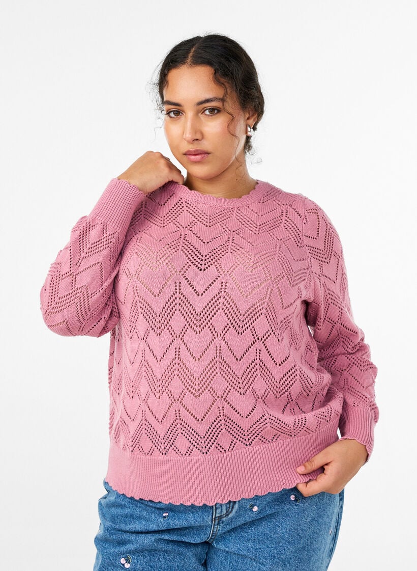 Strikket bluse med mønster, bølgekant og rund hals, Rosa, Model image number 0