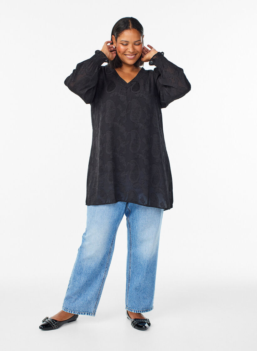 Tunika med paisleytekstur og lange ermer, Svart, Model image number 1