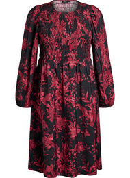 Blomstret kjole med smocket topp, Svart