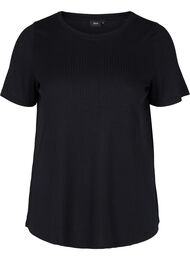 Ensfarget T-skjorte med ribbet struktur og korte ermer, Black