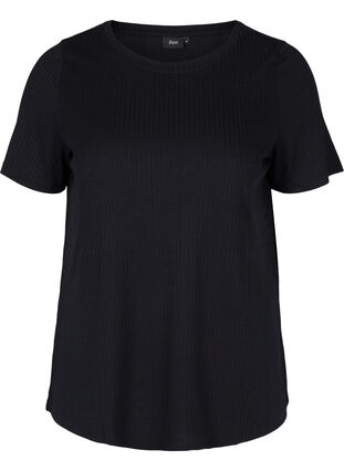 Ensfarget T-skjorte med ribbet struktur og korte ermer, Black, Packshot image number 0