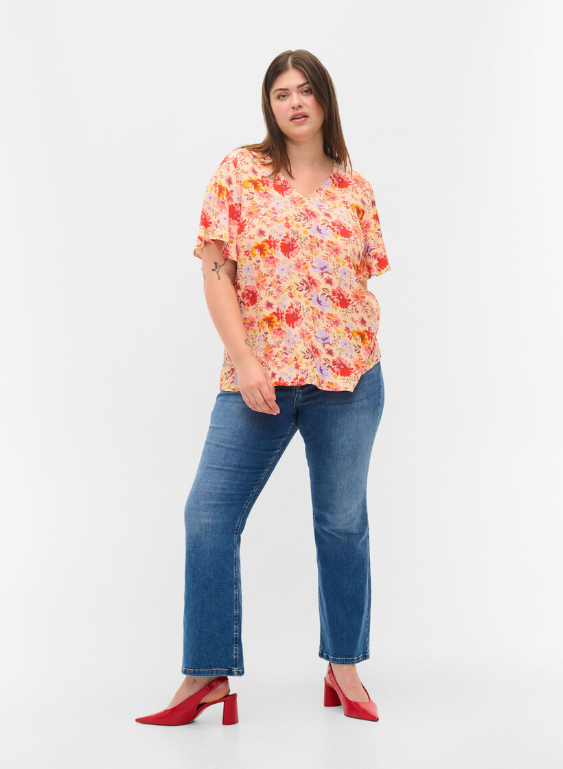 Kortermet viskosebluse med blomstermønster, Red Orange AOP, Model image number 2