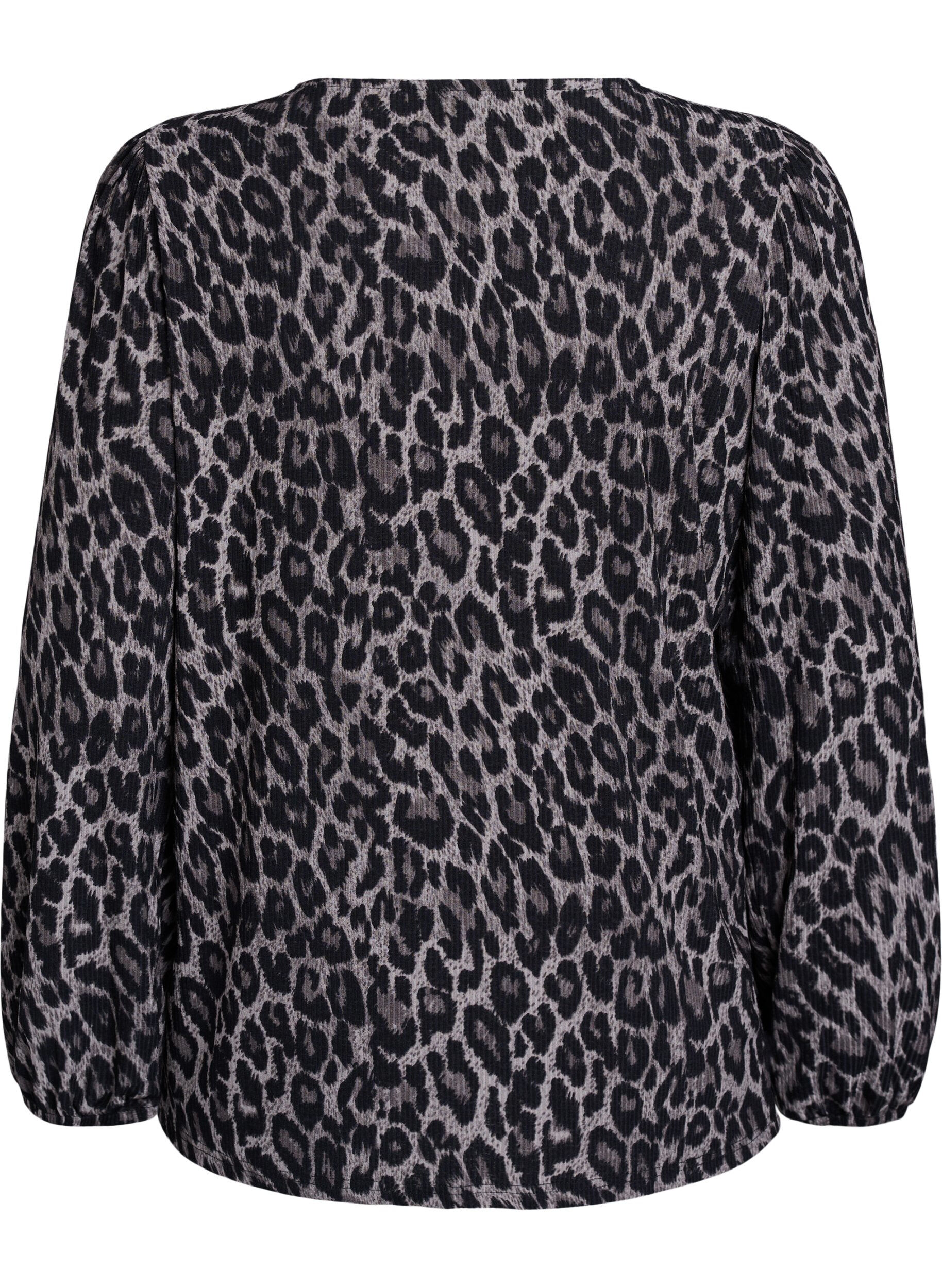 Zizzi Bluse med lange ermer og leopardm&oslash;nster, Gr&aring;, Packshot image number 1