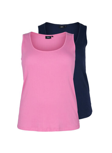 Basis tanktopp i en ribbet struktur, 2 stk., Wild Orchid/Navy, Packshot image number 0