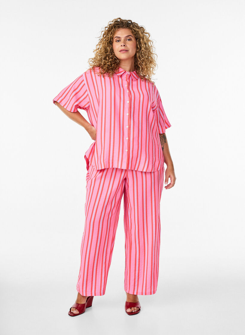 Stripete bukser med h&oslash;y midje og vide ben, Rosa, Model image number 0