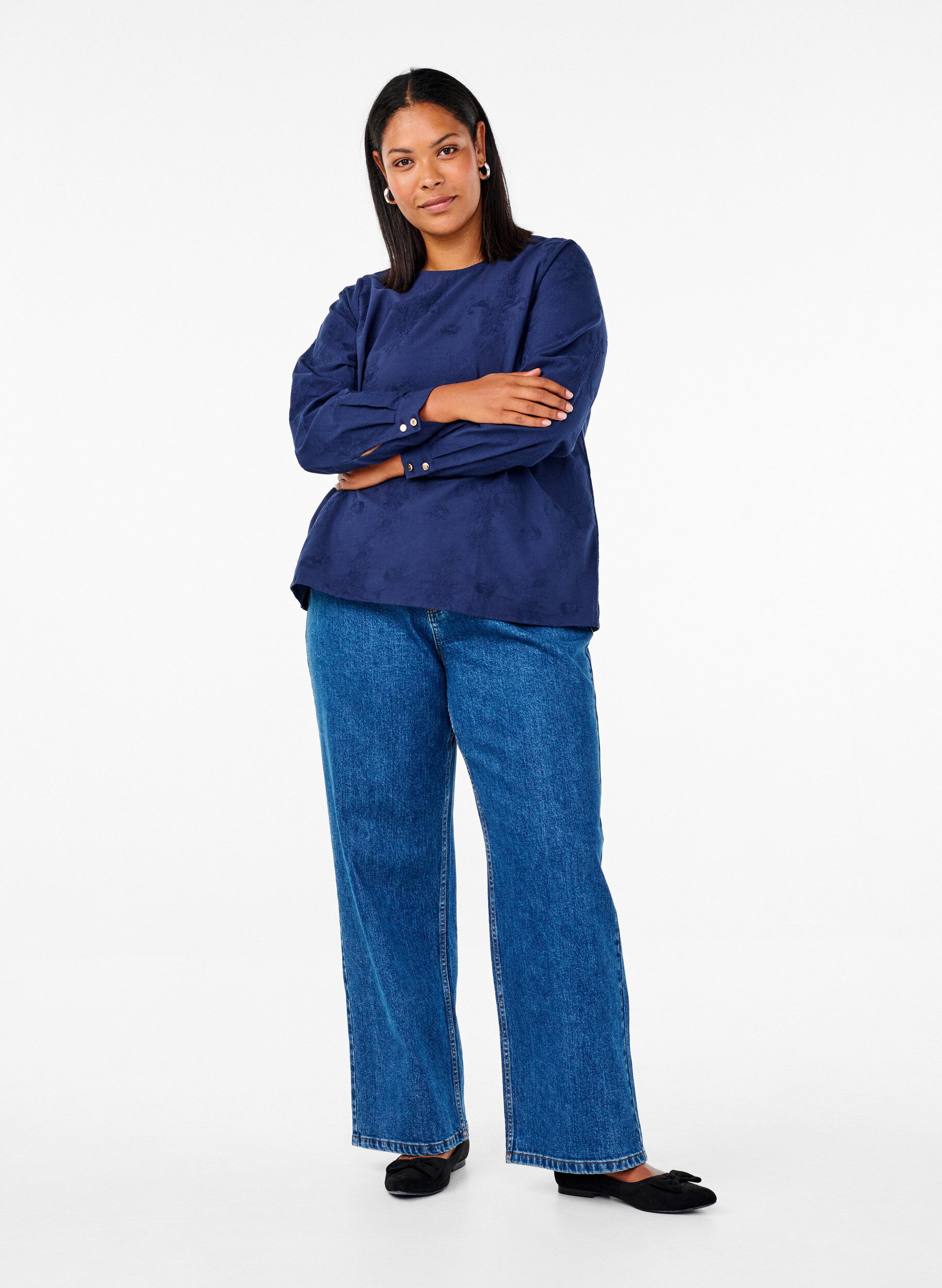 Zizzi Langermet bluse med broderi, Bl&aring;, Model image number 1