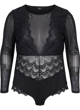 Bodystocking med mesh og blonder, Black, Packshot image number 0