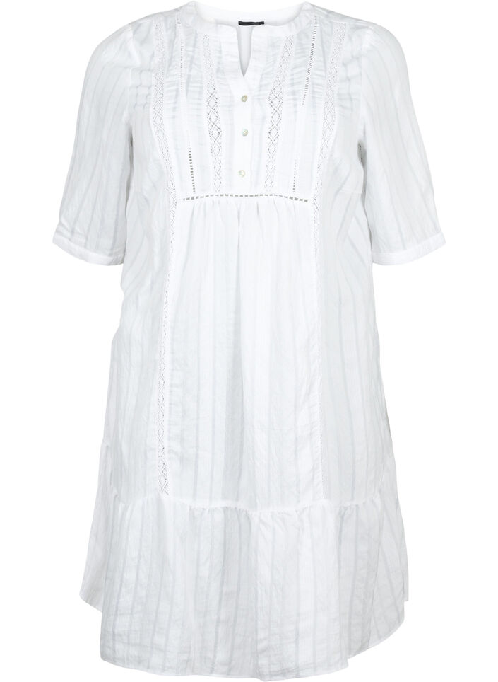 Stripete viskosekjole med blondebånd, Bright White, Packshot image number 0