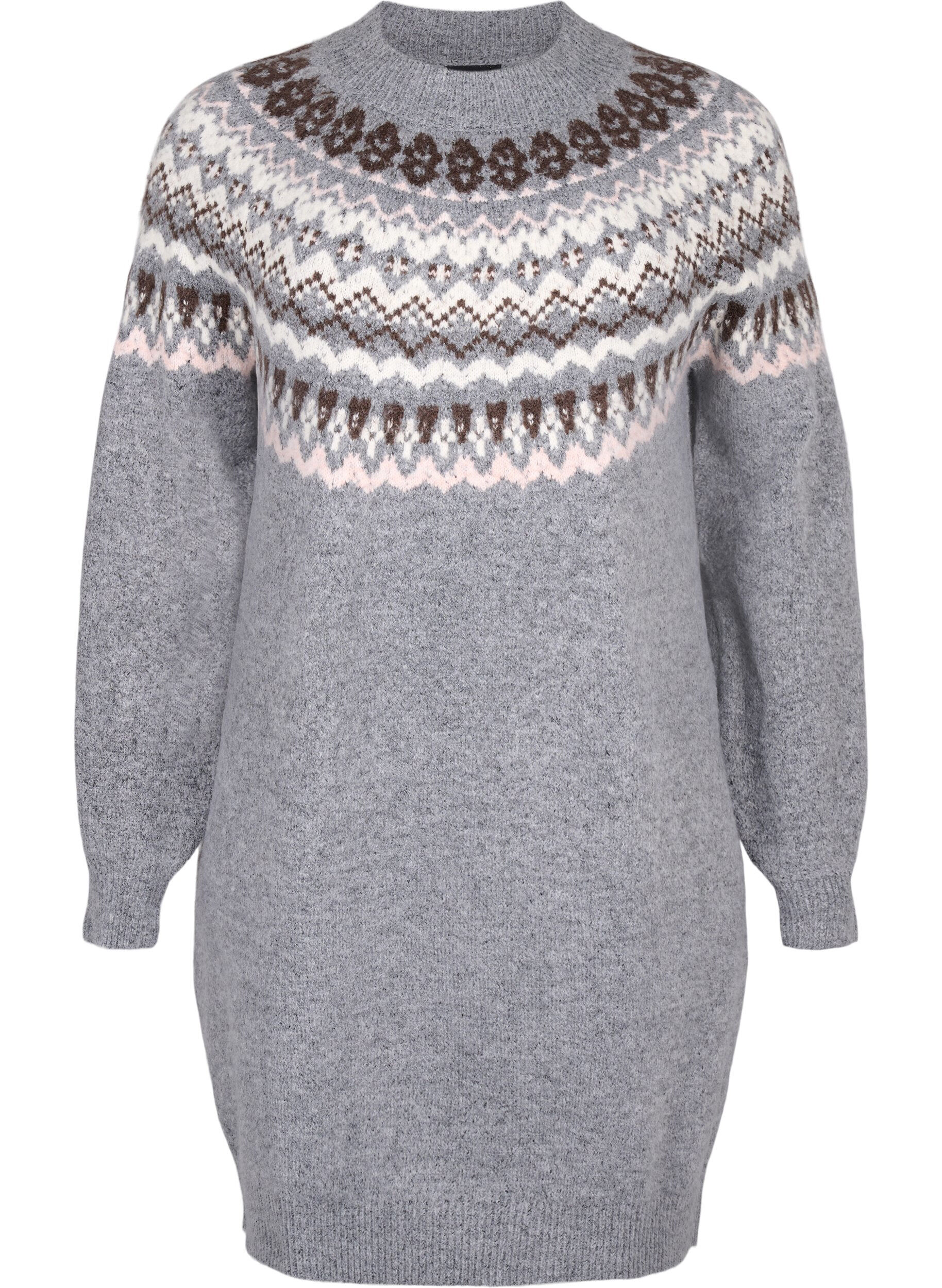 Zizzi Strikket kjole med jacquardm&oslash;nster og lange ermer, Medium Grey Comb, Packshot image number 0