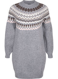 Strikket kjole med jacquardmønster og lange ermer, Medium Grey Comb