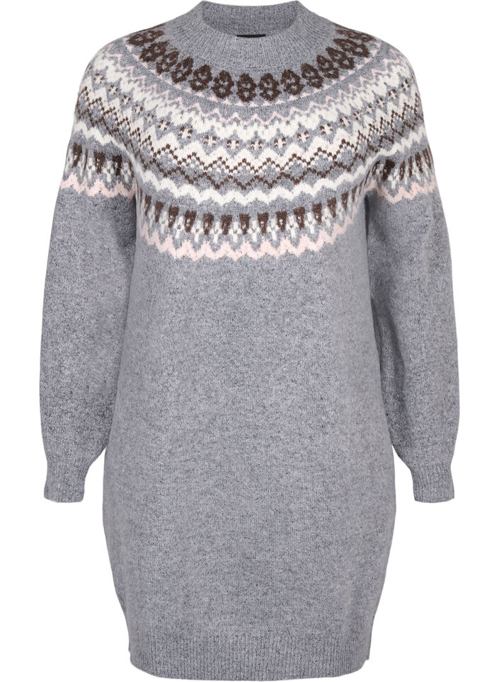 Strikket kjole med jacquardmønster og lange ermer, Medium Grey Comb, Packshot image number 0