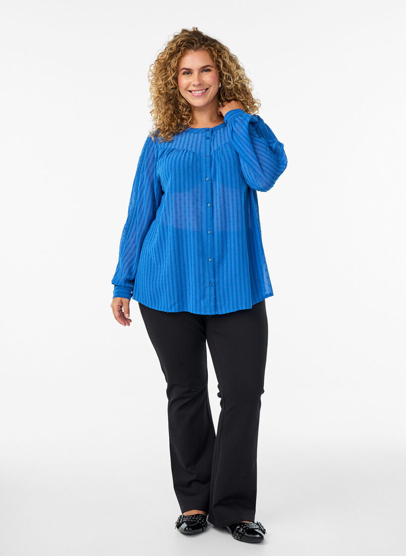 Skjorte med teksturert prikkemønster og broderidetaljer, Blå, Model image number 1