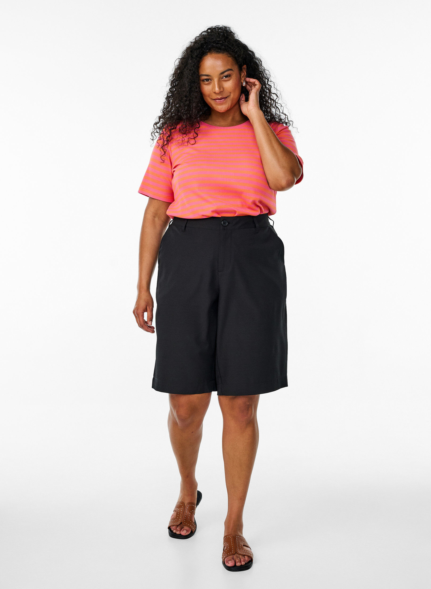 Zizzi T-shirt med striper og ribbestrikket struktur, Orange, Model image number 1