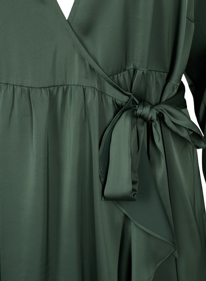 Omslagskjole i sateng med lange ermer, Duck Green, Packshot image number 2
