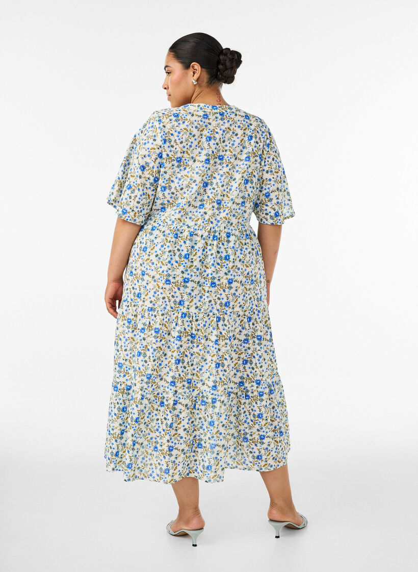 Bomullsmidikjole med blomsterprint, Bl&aring;, Model image number 1