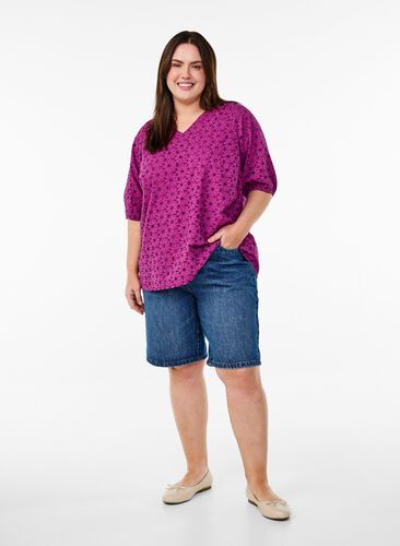 Zizzi Bluse med brodert blomster mønster, Lilla, Model image number 1
