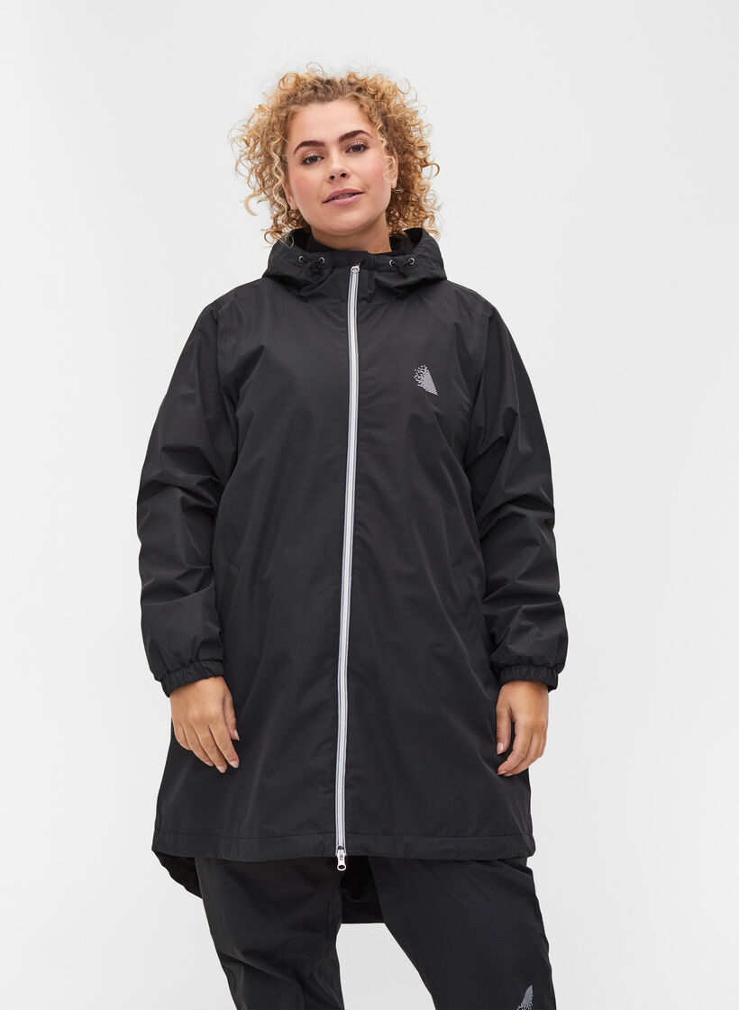 Regnjakke med hette og refleksdetaljer, Black, Model image number 0