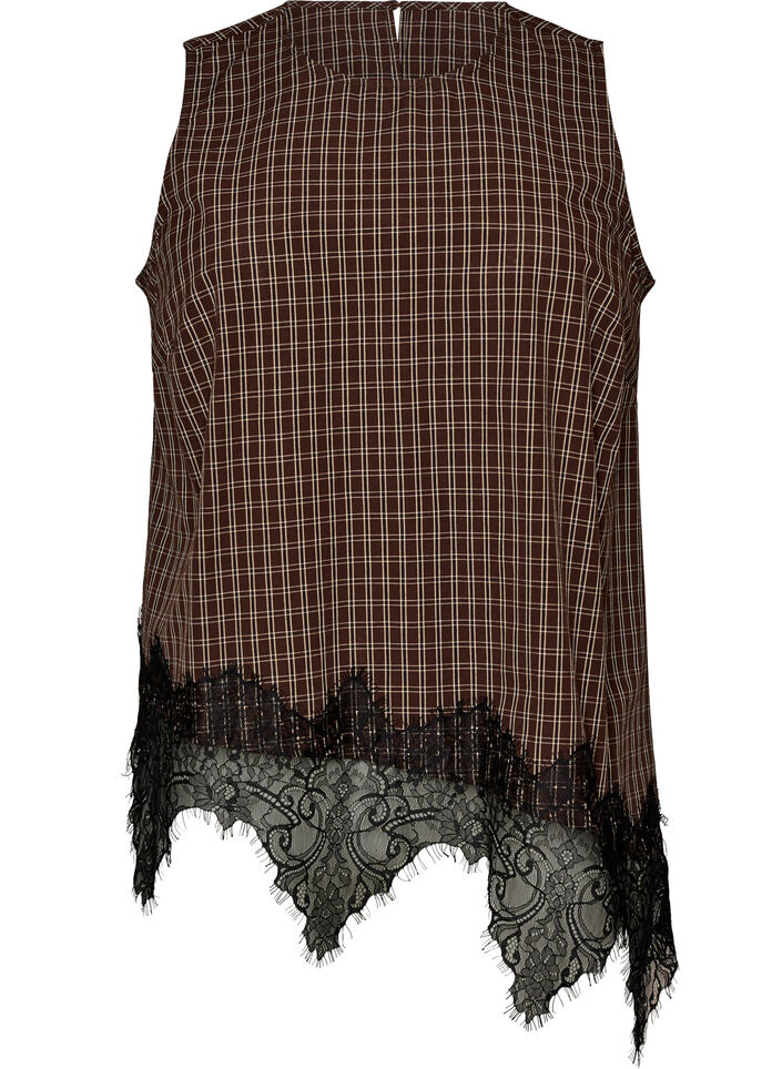 Rutete topp med asymmetrisk blondekant, Brun, Packshot image number 0