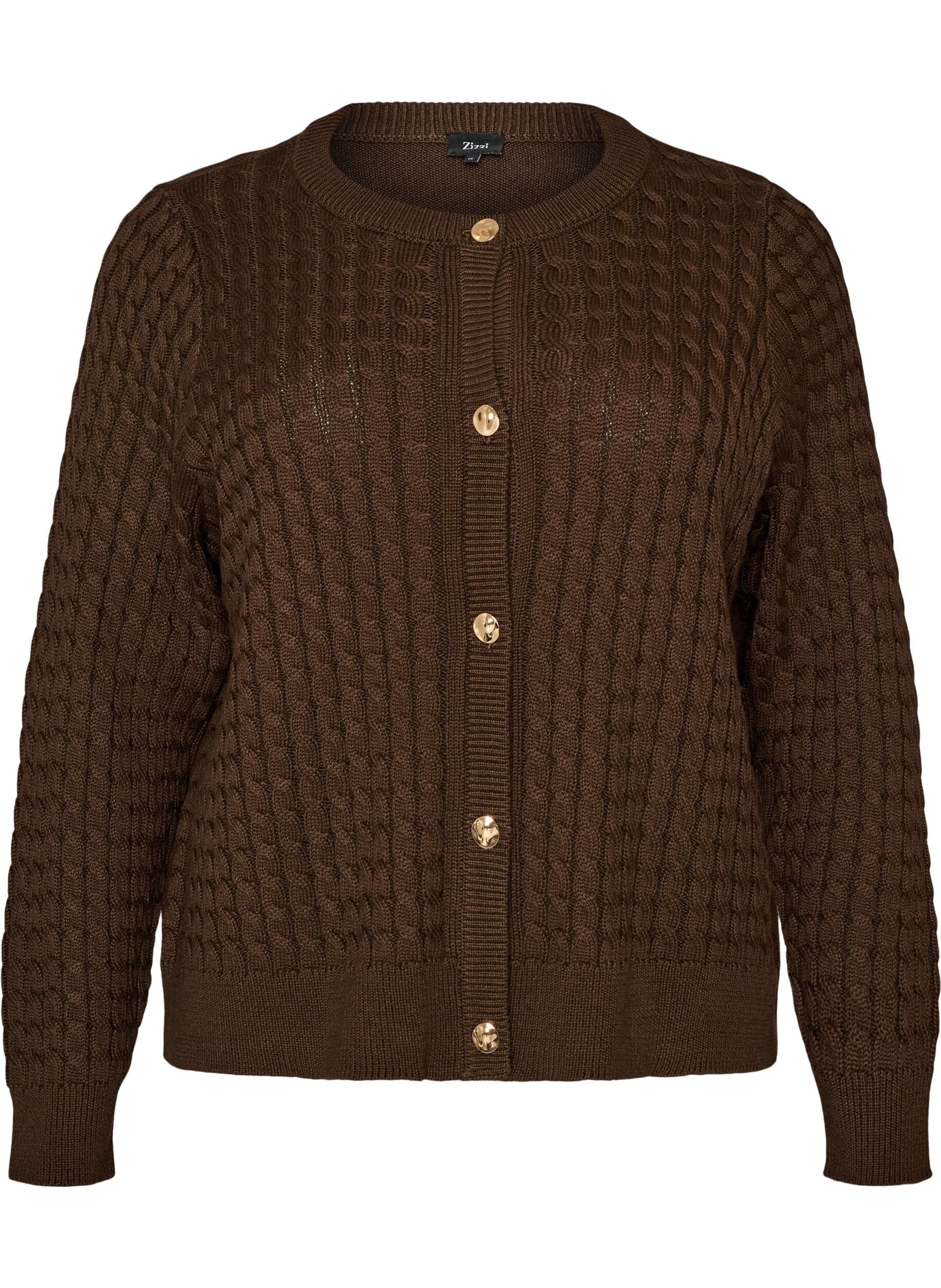 ZizziFlettestrikket cardigan med gullfargede knapper, Brun, Packshot image number 0