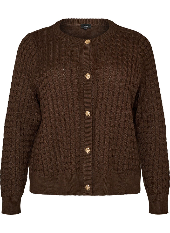Flettestrikket cardigan med gullfargede knapper, Brun, Packshot image number 0