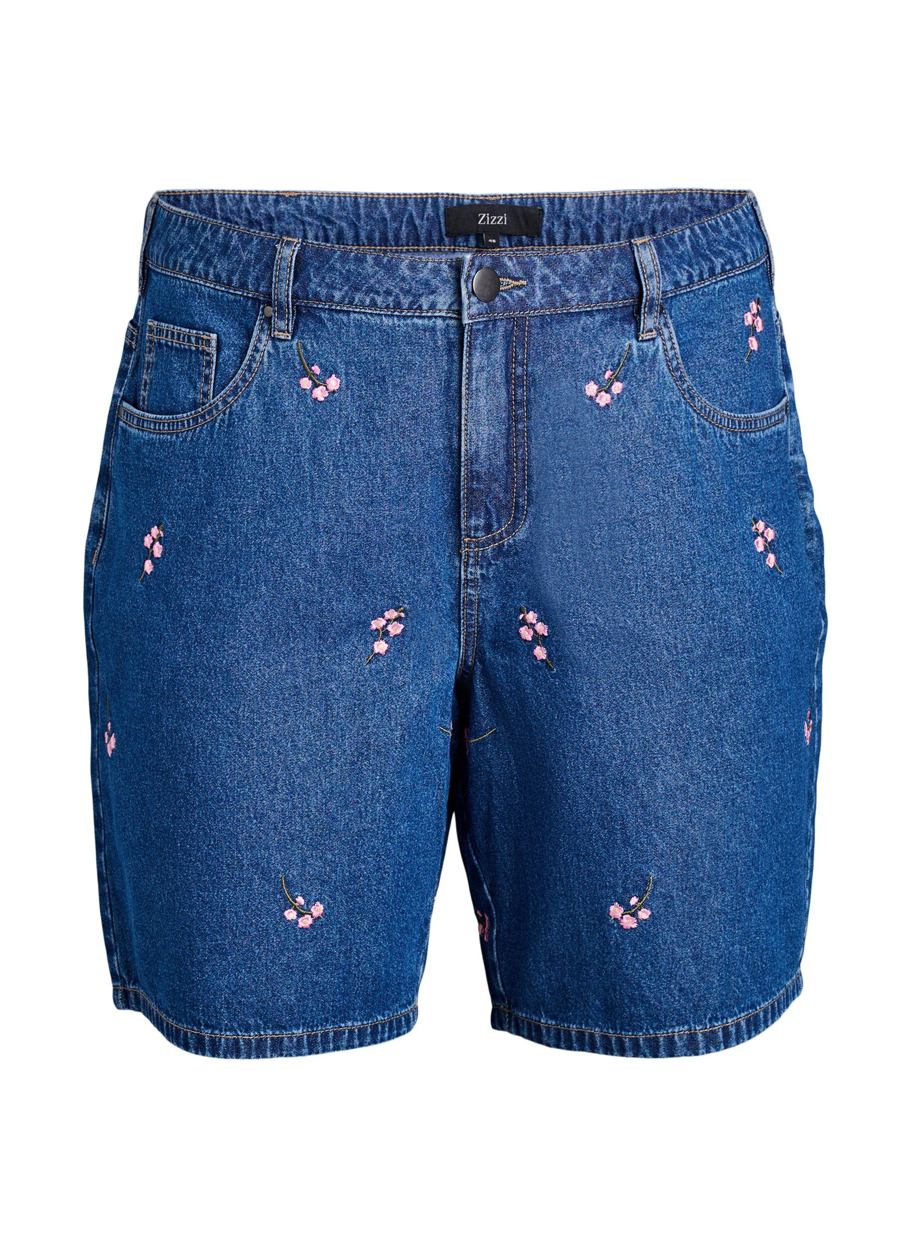 Zizzi Dongerishorts med broderte blomster, Bl&aring;, Packshot image number 0