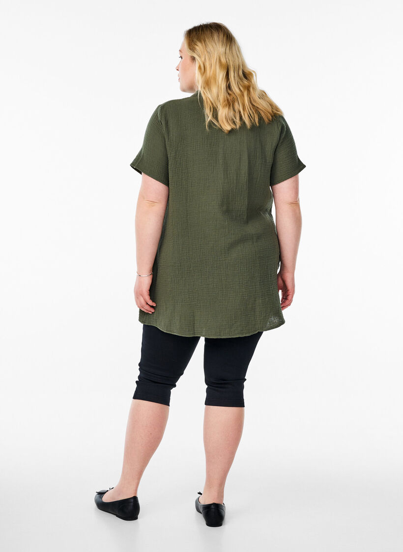 Bomullsmuslin tunika med korte ermer, Grønn, Model image number 2