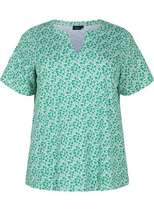 Blomstrete T-skjorte i bomull med V-hals, Jolly Green AOP, Packshot image number 0