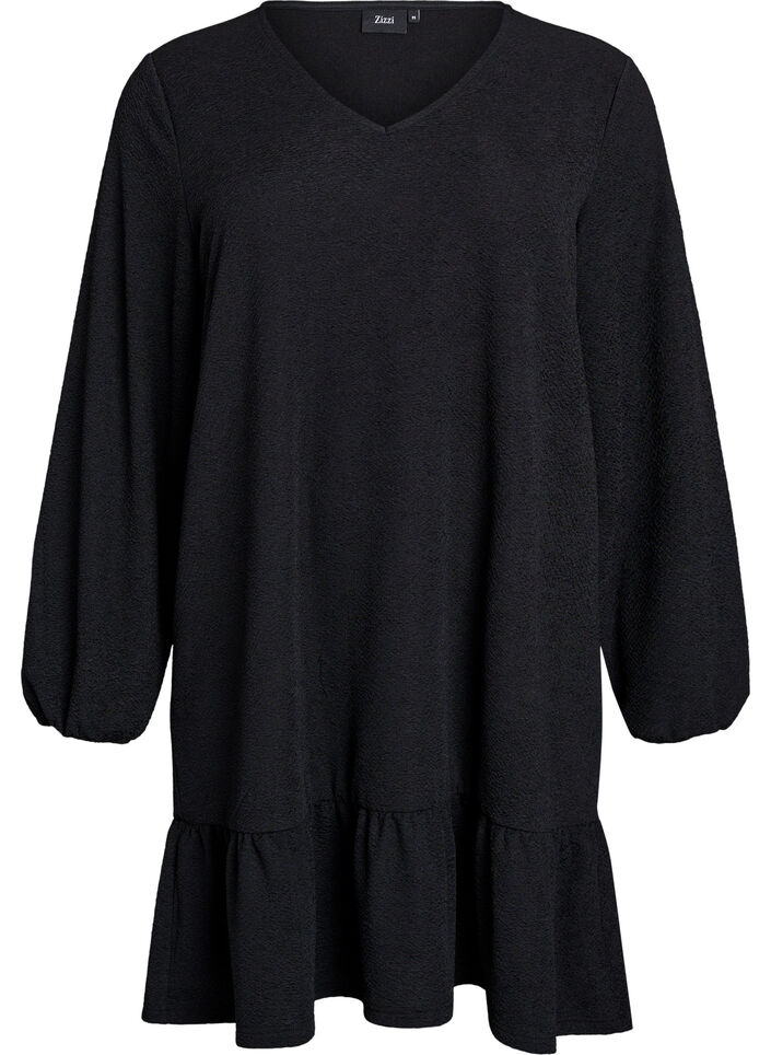 Kort strukturert kjole med volangkant nederst, Svart, Packshot image number 0