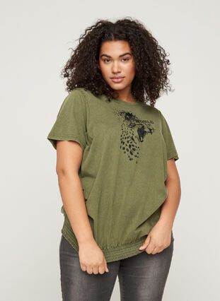 Kortermet T-skjorte med acid wash og smock, Ivy Green acid wash, Model image number 0