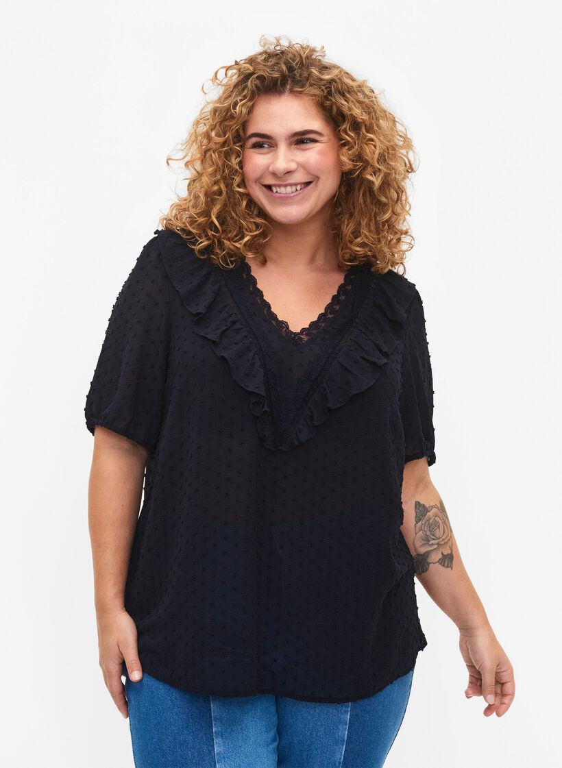 Bluse med korte ermer og prikkete struktur, Night Sky, Model image number 0