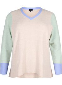 Strikkegenser med colorblock og V-hals