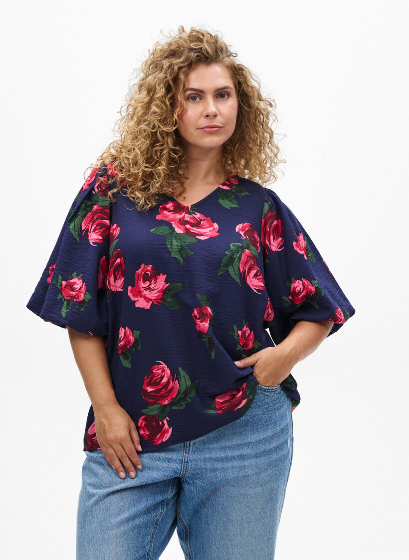 Bluse med rosetrykk og korte ballongermer, Blå, Model image number 0