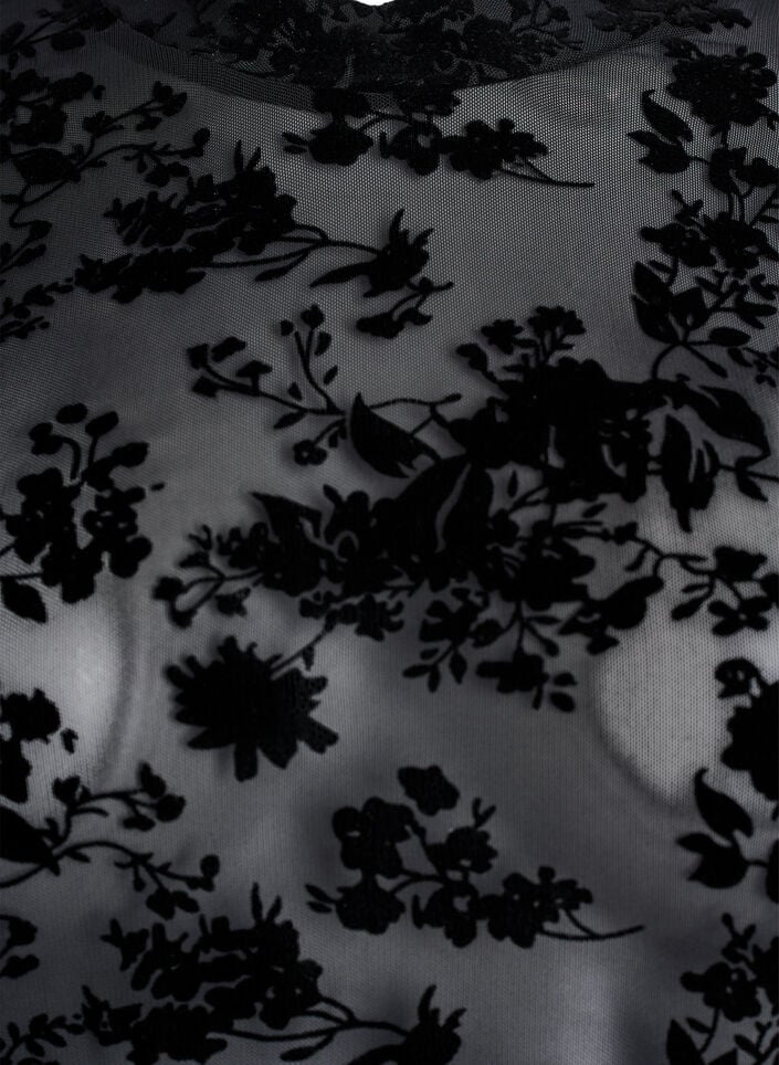 Bluse i mesh med blomstertrykk, Svart, Packshot