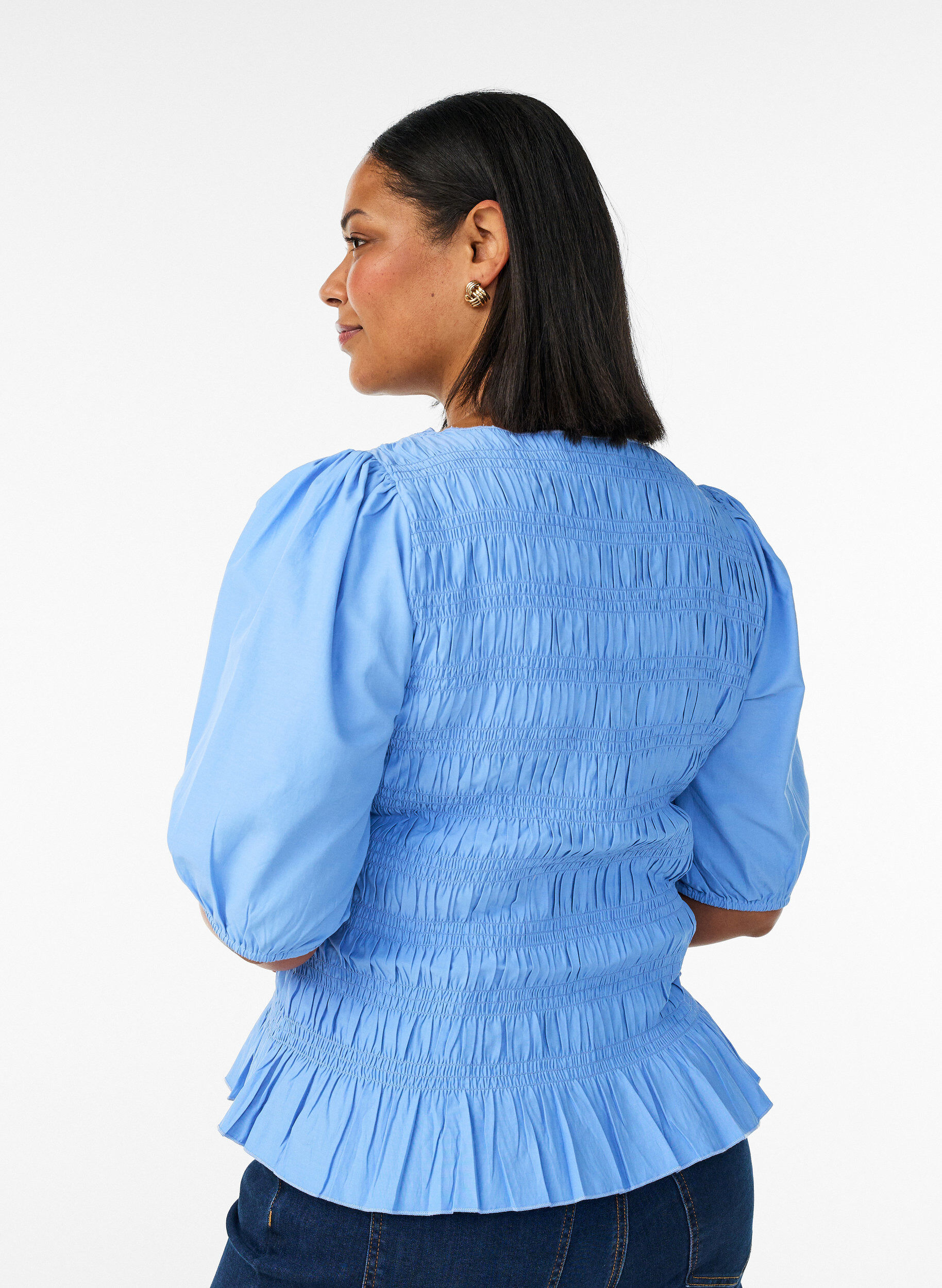 ZizziSmockbluse med volangkant og b&aring;thals, Bl&aring;, Model image number 2