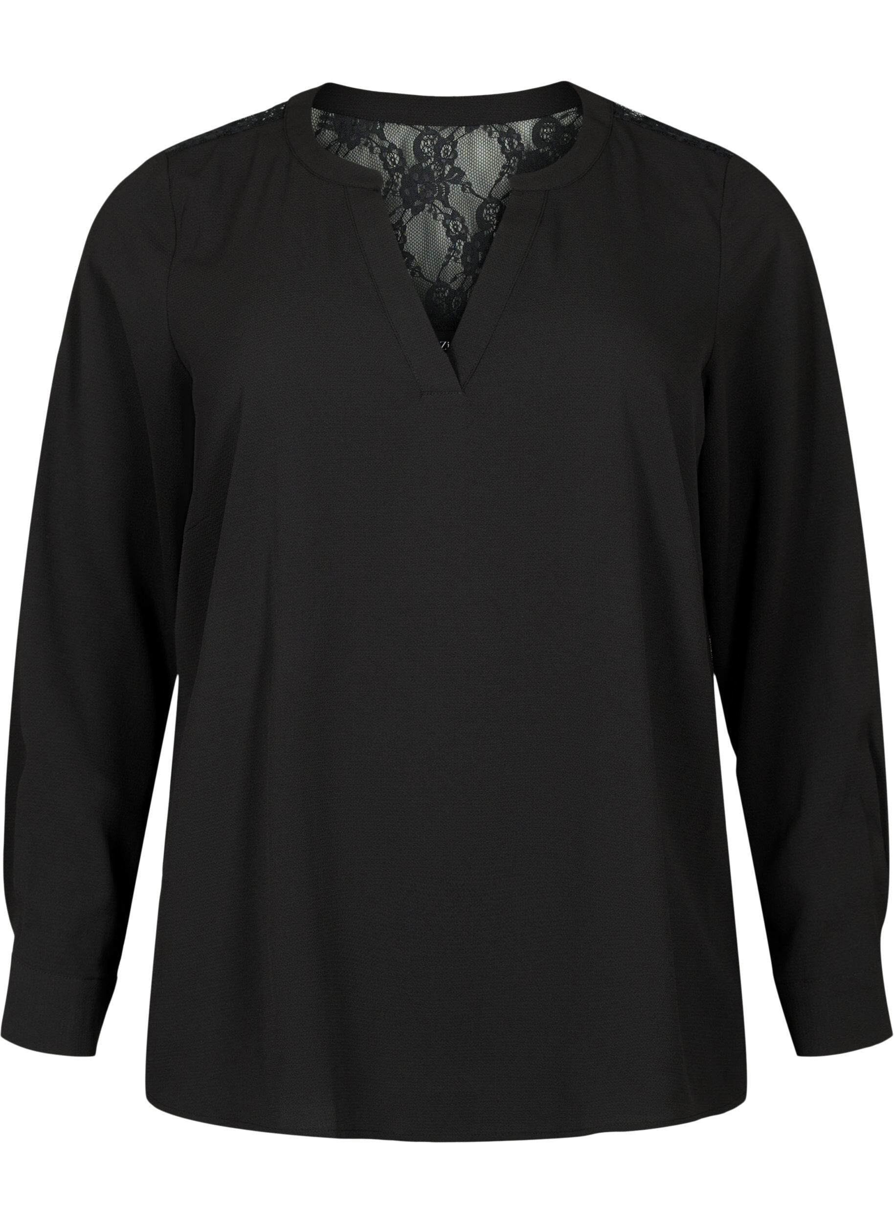 Zizzi Bluse med lange ermer og blondedetaljer , Black, Packshot image number 0
