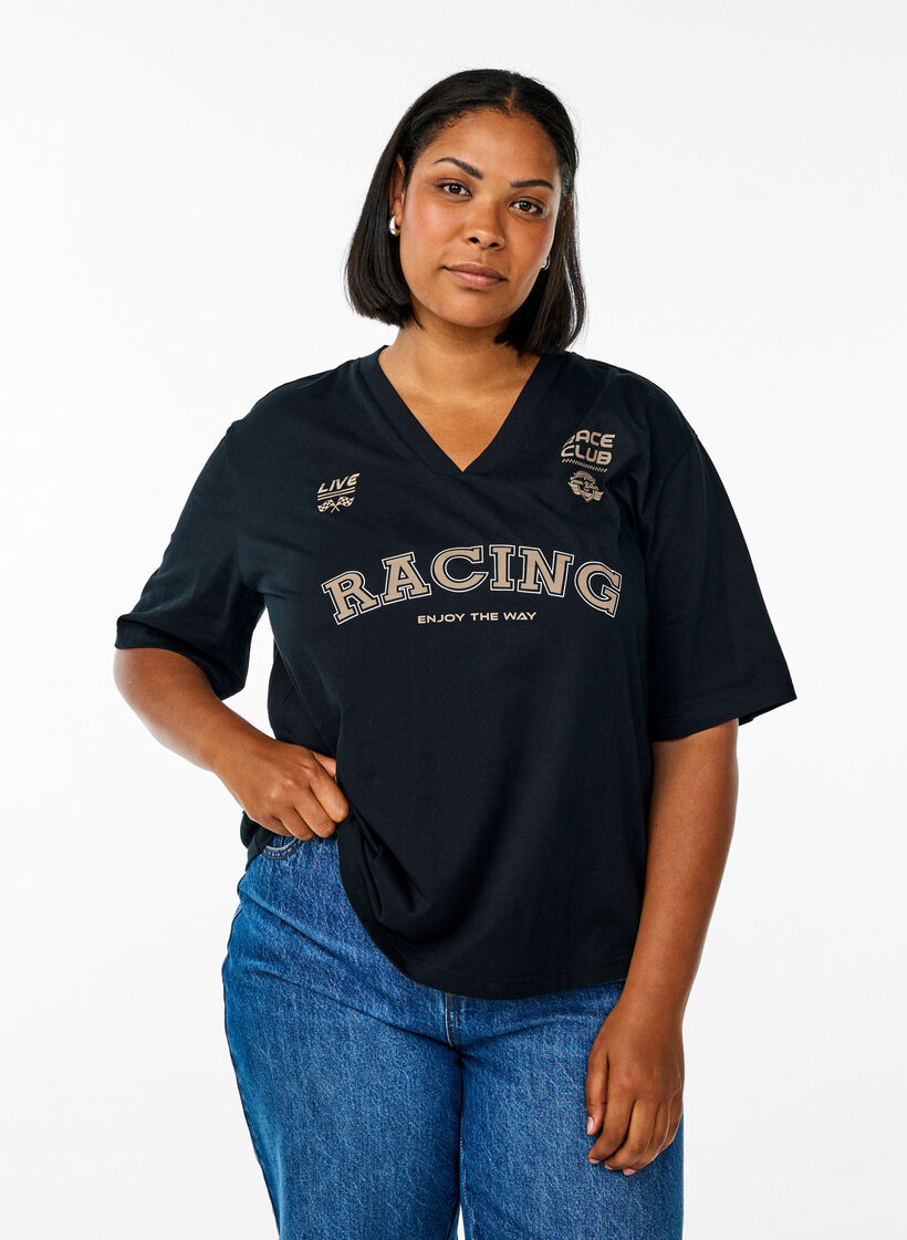 Oversized T-skjorte med Racing-trykk, Svart, Model image number 0