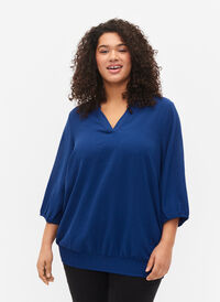 Bluse med smock og 3/4-ermer, Blue Depths, Model